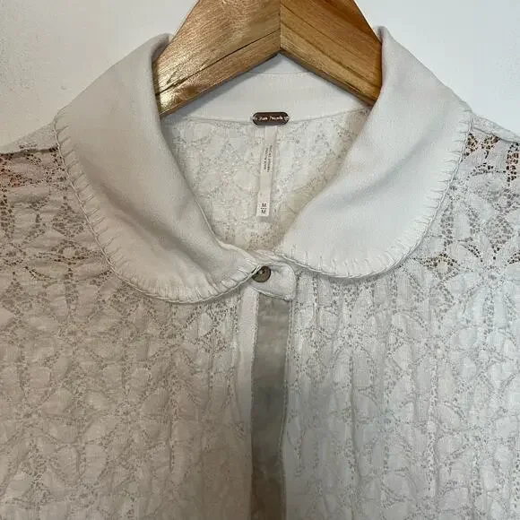Free People White Tunic Top M Womens Button Front Collared Long Sleeve Lace Tie - Picture 3 of 10